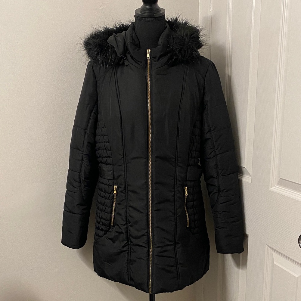 Celebrity Pink XL Black Winter Coat With Faux Fur Lined Hood And Zipper Pockets